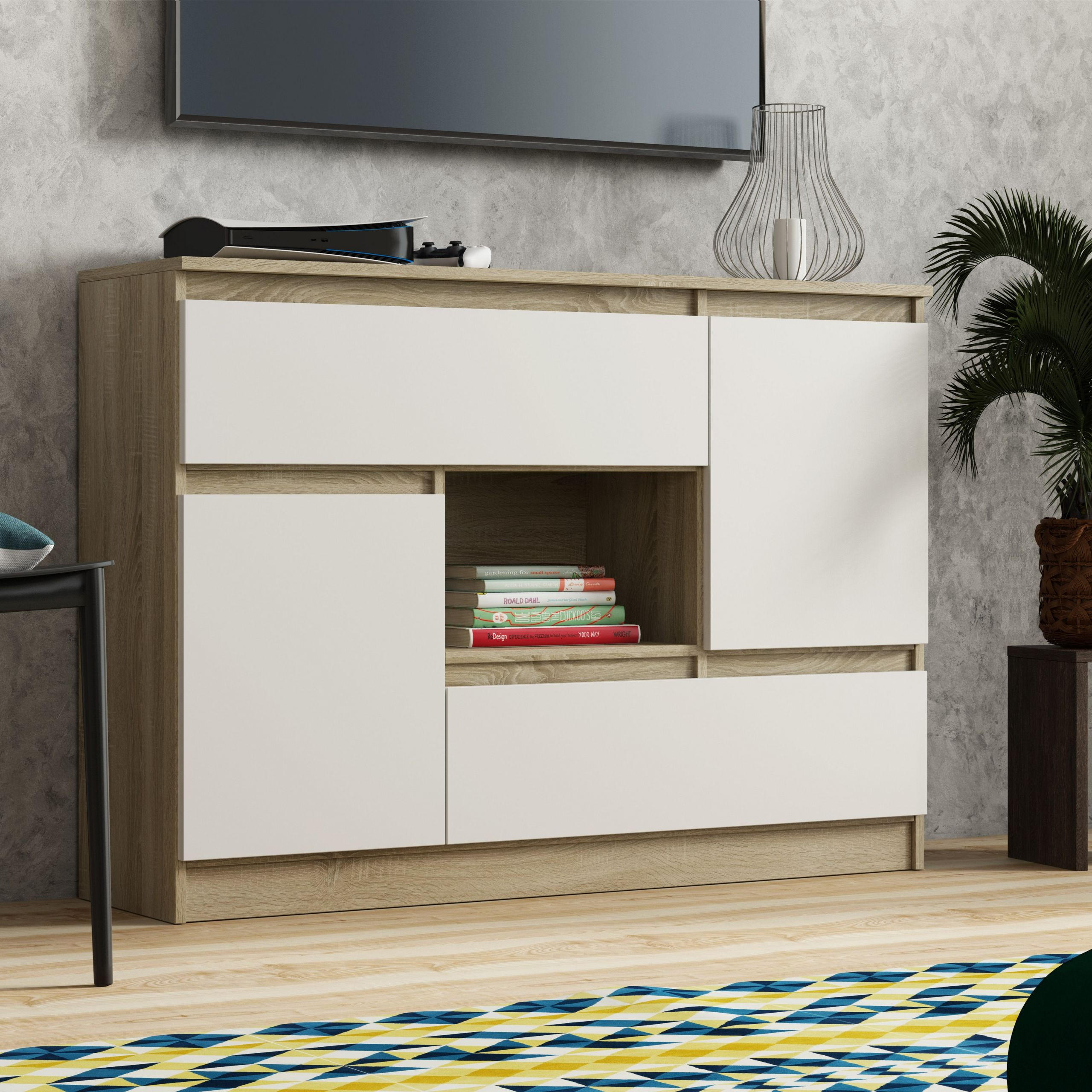 KOMMODE FIORENZA 120/85/33 cm mit 2 Schubladen 2 Türen Sonoma Eiche - Weiß/Sonoma Eiche, Holzwerkstoff (120/85/33cm) - MASSENO