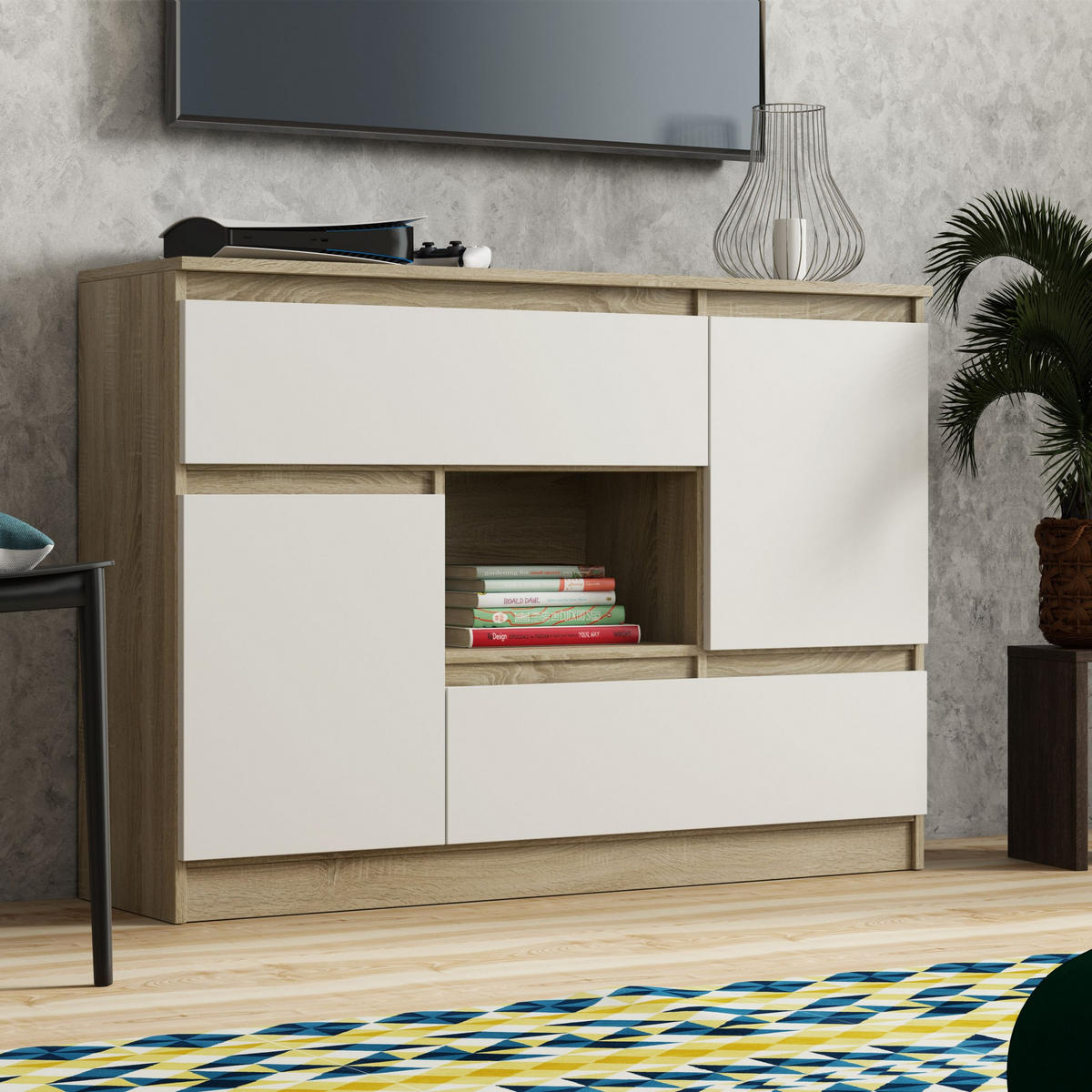 KOMMODE FIORENZA 120/85/33 cm mit 2 Schubladen 2 Türen Sonoma Eiche - Weiß/Sonoma Eiche, Holzwerkstoff (120/85/33cm) - MASSENO