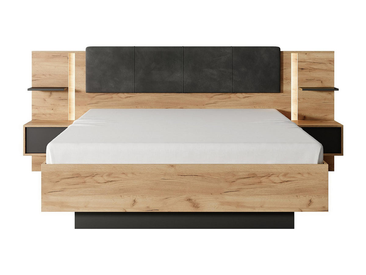 BETTRAHMEN - 2 Personen - stoff - anthrazitgrau, naturfarben hell Elynia - Anthrazit/Naturfarben, Holz/Holzwerkstoff (160/200cm) - Vente-Unique