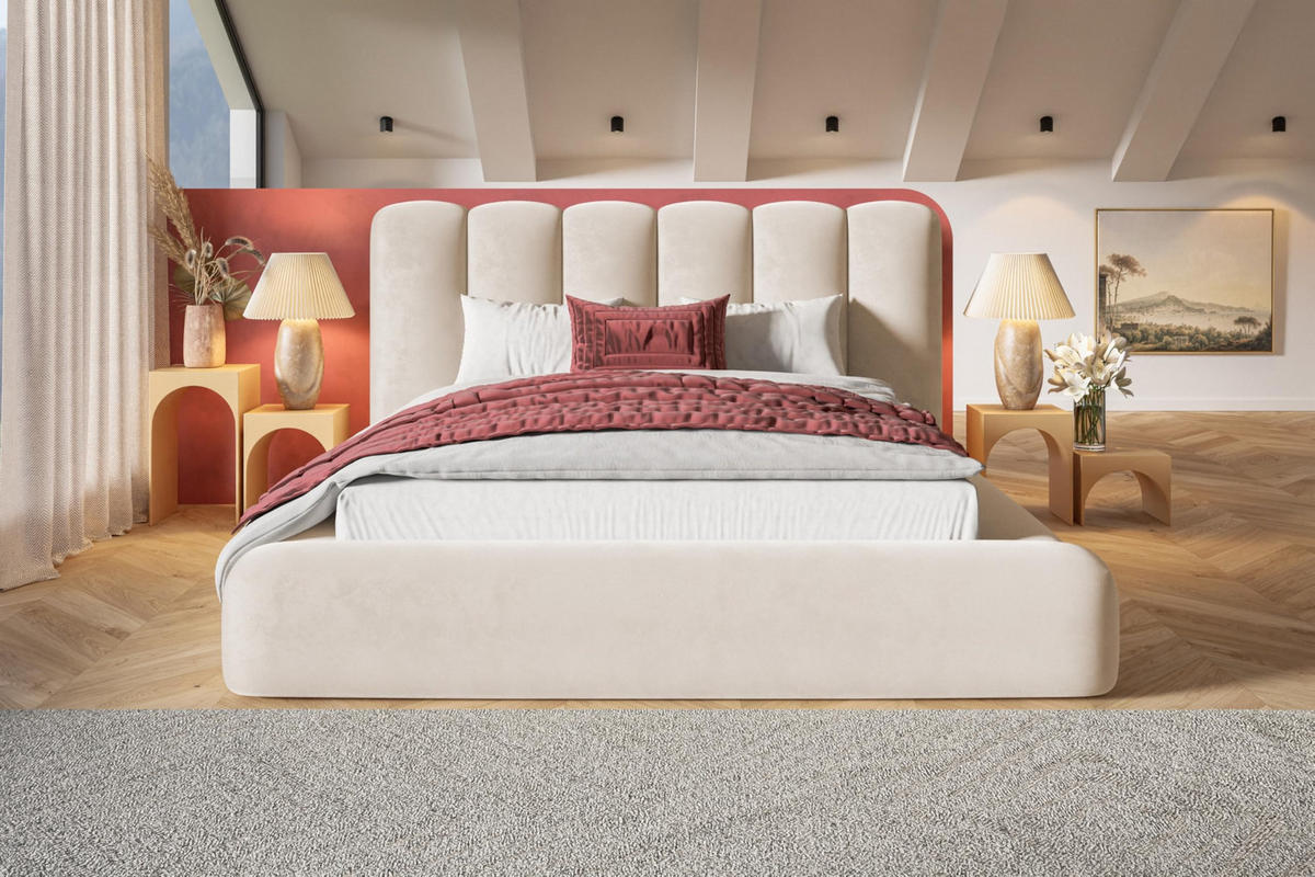 BETT 140x200 - Polsterbett mit Bettkasten und Holzrahmen - Modern Bett - Eleganter Amor-Velvet-Stoff - Kollektion Alva Maxi - Beige - Beige, Holz/Textil (140/200cm) - Alpi-Möbel