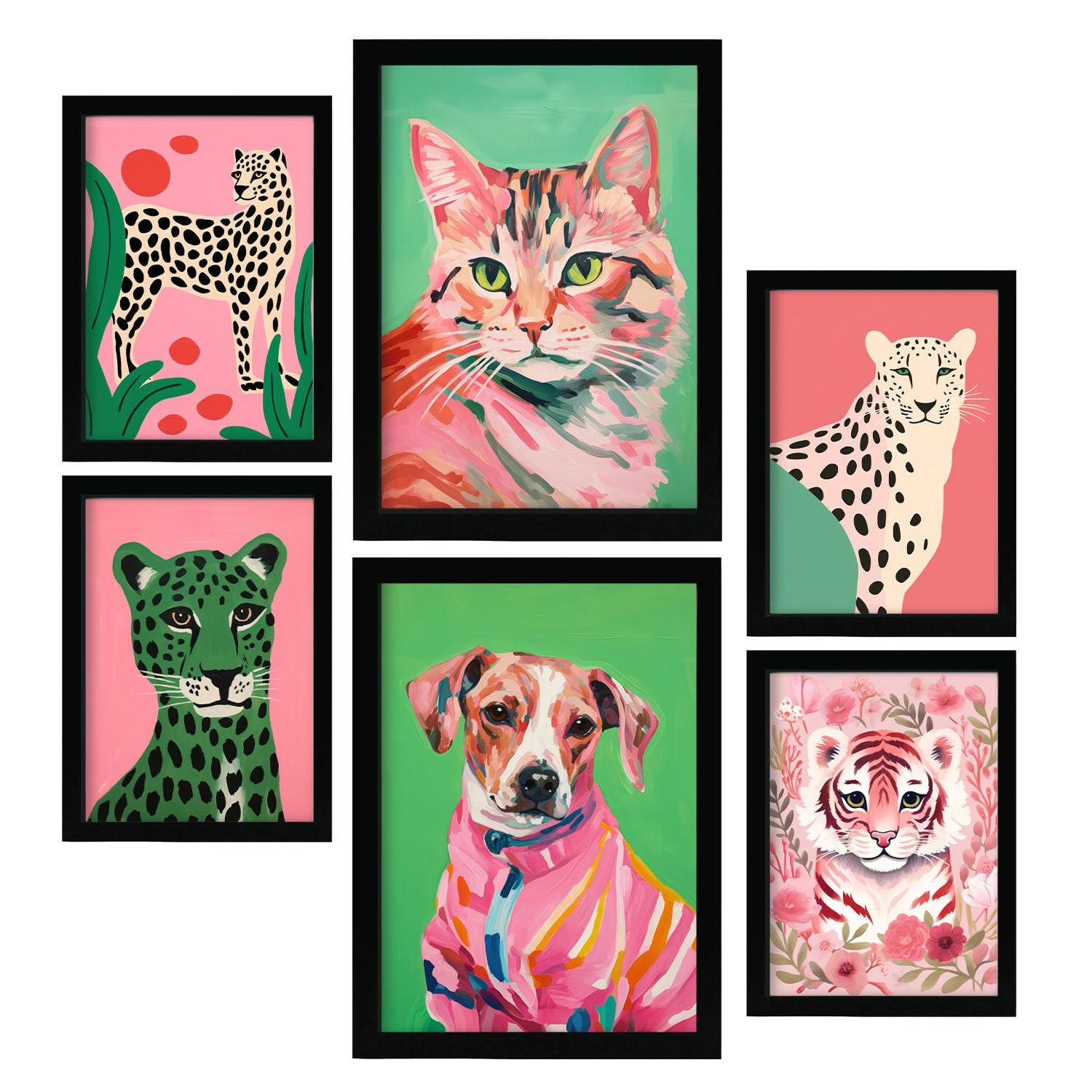 POSTER Set Mit 6 Rosa Haustiere A3 & A4 Schwarzer Rahmen - Schwarz, Papier (29/3cm) - Nacnic