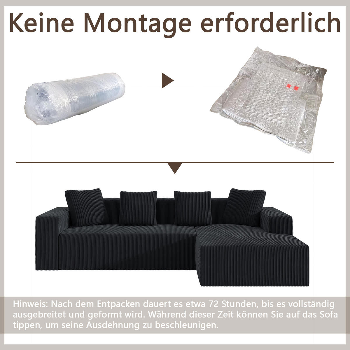 MODULARES Ecksofa Cord tiefe Sitzfläche, Liegeelement 261/146/65 cm Schwarz - Schwarz, Textil (146/261cm) - Redom