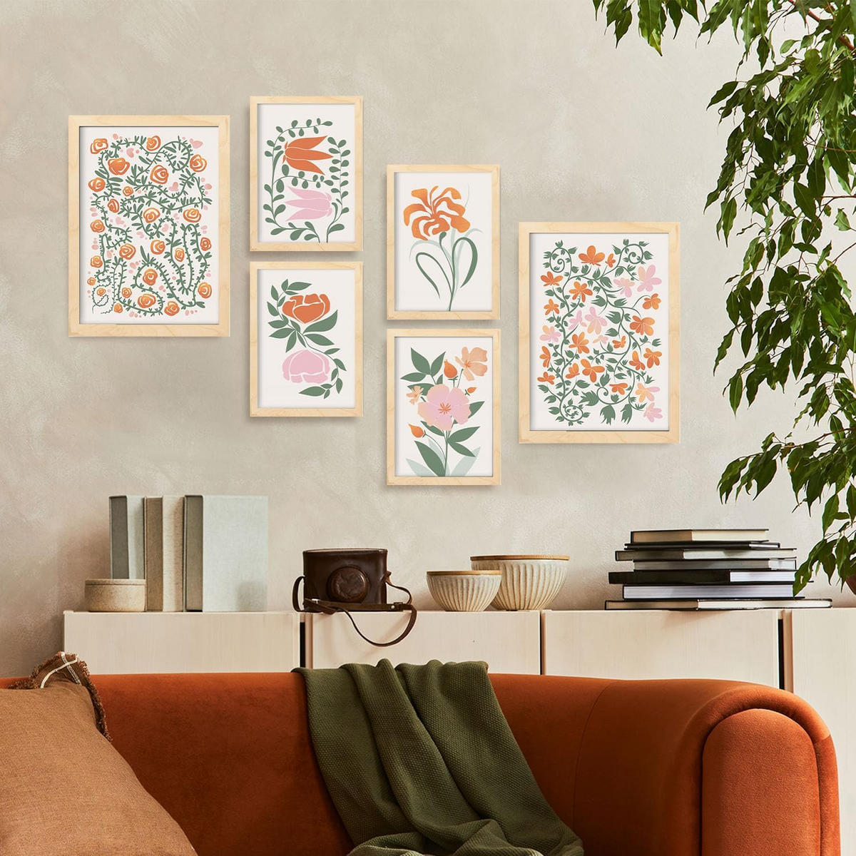 POSTER Set Mit 6 Fustige Blume Zusammenfassung A3 & A4 Rahmen Aus Hellem Holz - Beige, Papier (29/3cm) - Nacnic
