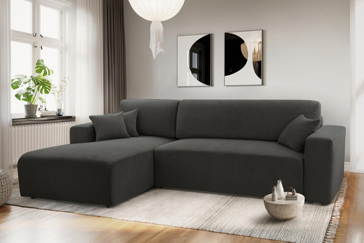 ECKSOFA L Form Catea Dunkelgrau 279/145/84 cm Links mit Schlaffunktion - Dunkelgrau/Schwarz, Kunststoff/Textil (145/279cm) - AX Living