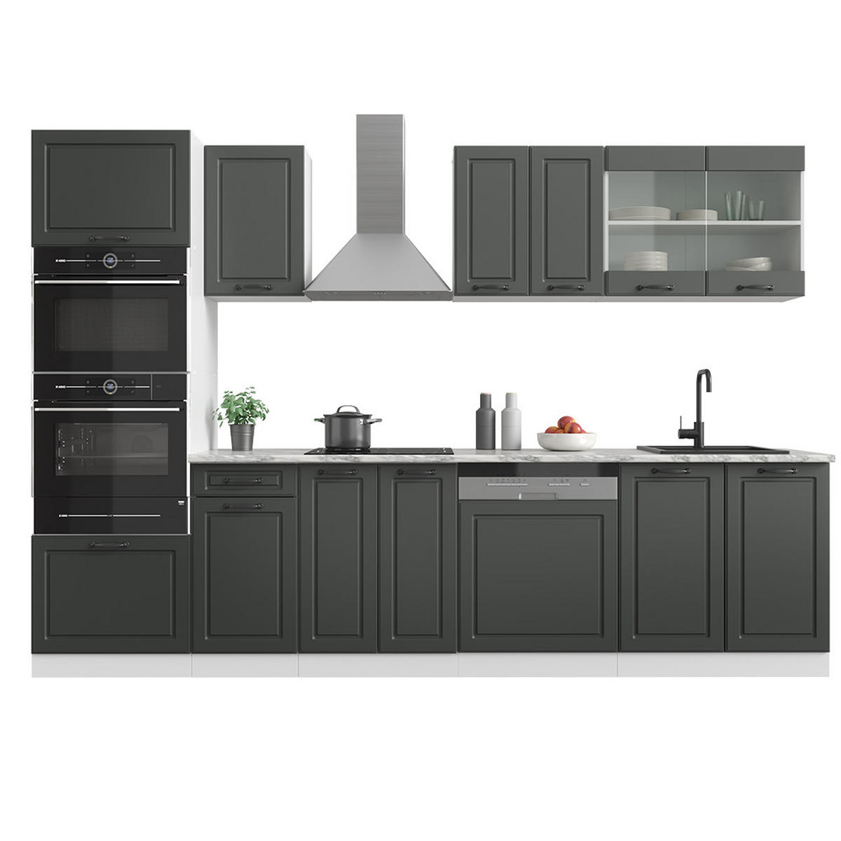 KÜCHENZEILE R-Line Anthrazit Landhaus/Weiß 300 cm mit Hochschrank AP Marmor - Anthrazit/Weiß, Holzwerkstoff (300/81.6/60cm) - Vicco