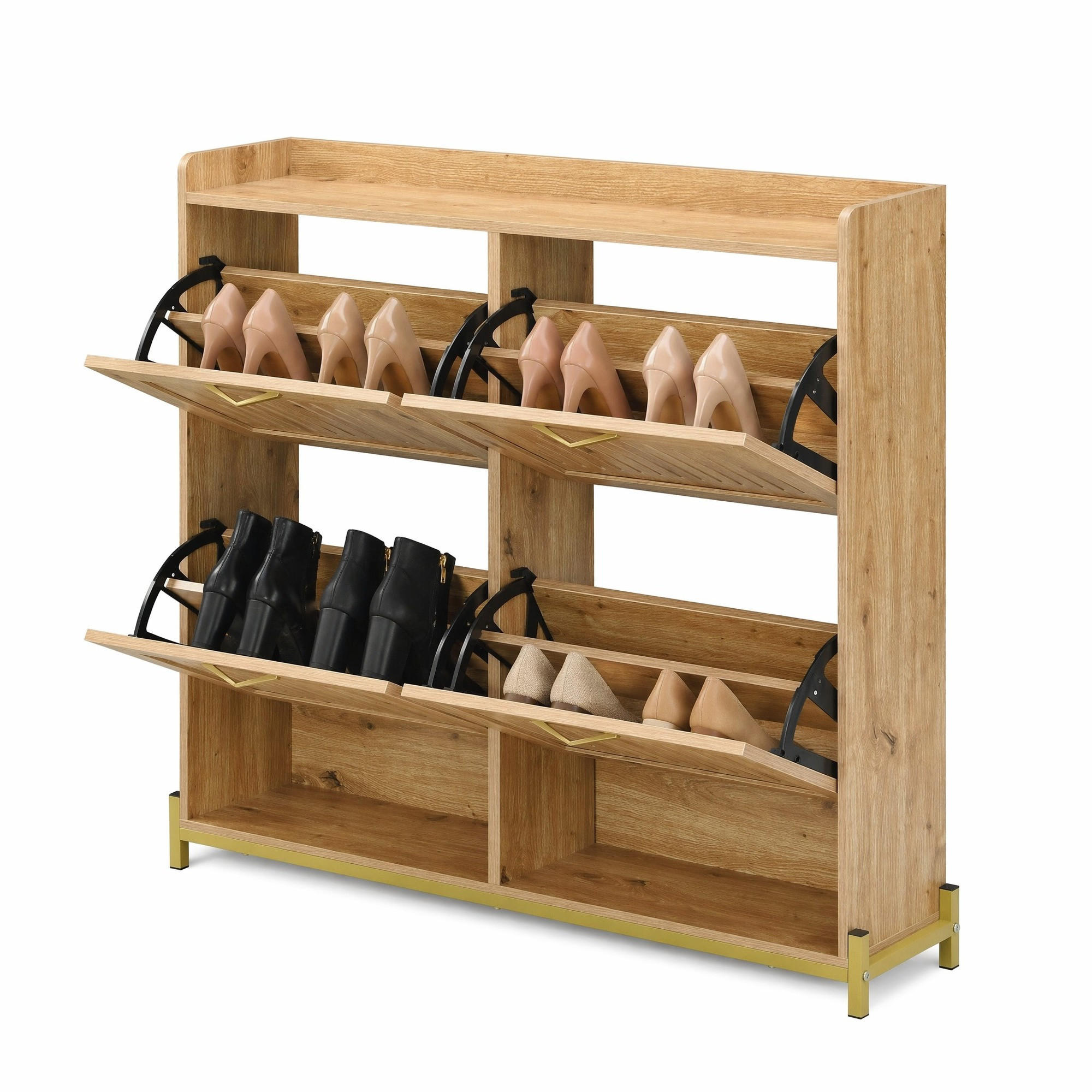 SCHUHSCHRANK in Naturfarben Schuhkipper mit 4 Türen für Eingangsbereich und Flur, B108.5/T24/H100 cm - Goldfarben/Naturfarben, Holzwerkstoff/Metall (108.5/100/24cm) - STILVORA