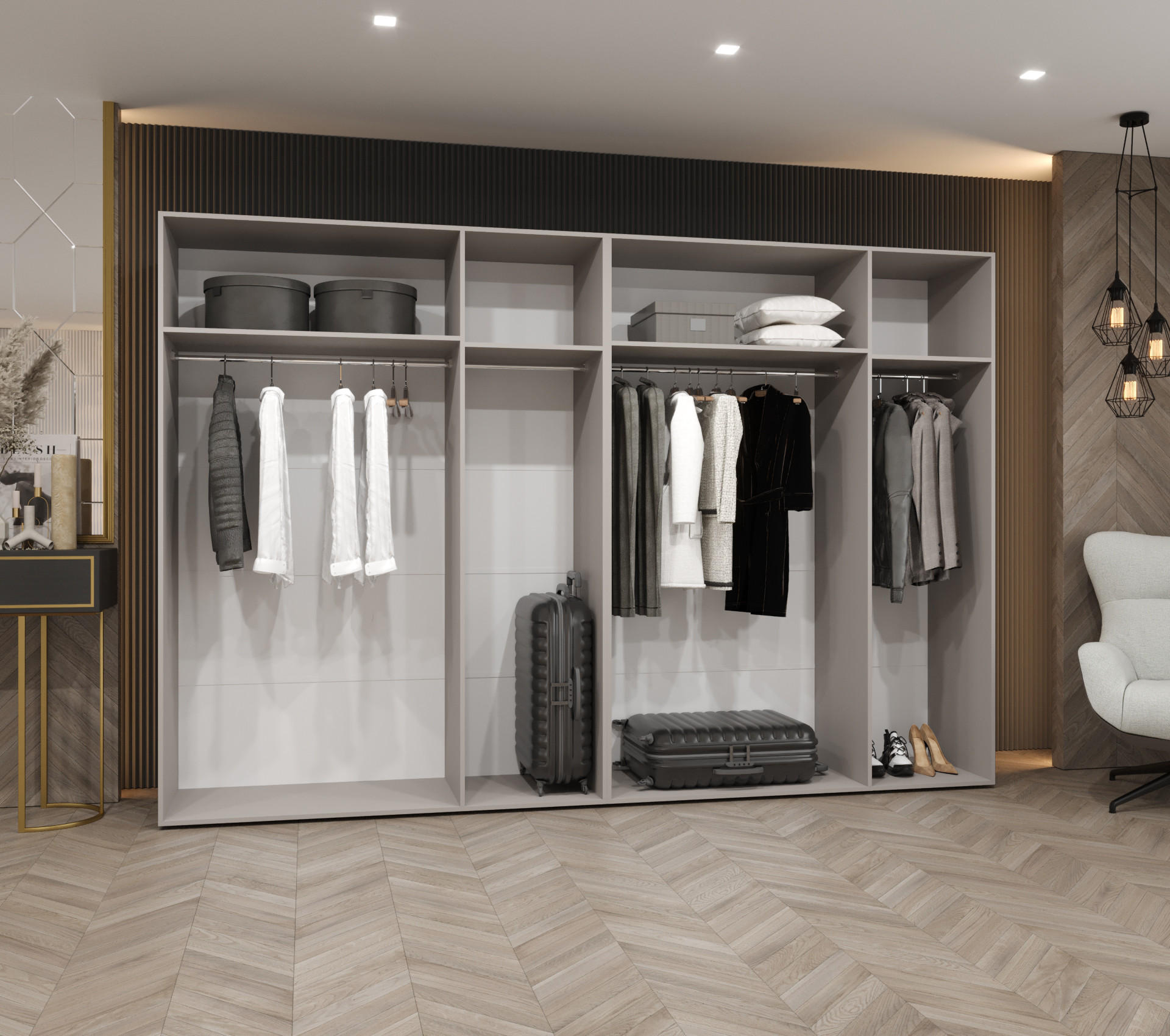 Thumbnail - Möbel Kryspol Drehtürenschrank, Weiß, Gold, Holz, Nachbildung, 4 Fächer, Rechteckig, 300x202x52 cm, Schlafzimmer, Kleide...