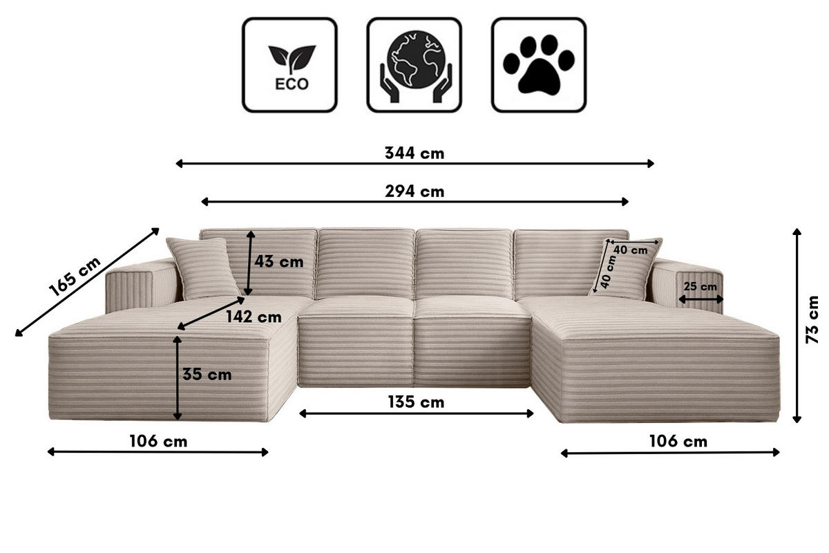 ECKSOFA Siena U ein Stil, der zum Entspannen einlädt, Stoff Velo Ecru - Ecru, Holz/Textil (344/73/165cm) - Kaiser Möbel