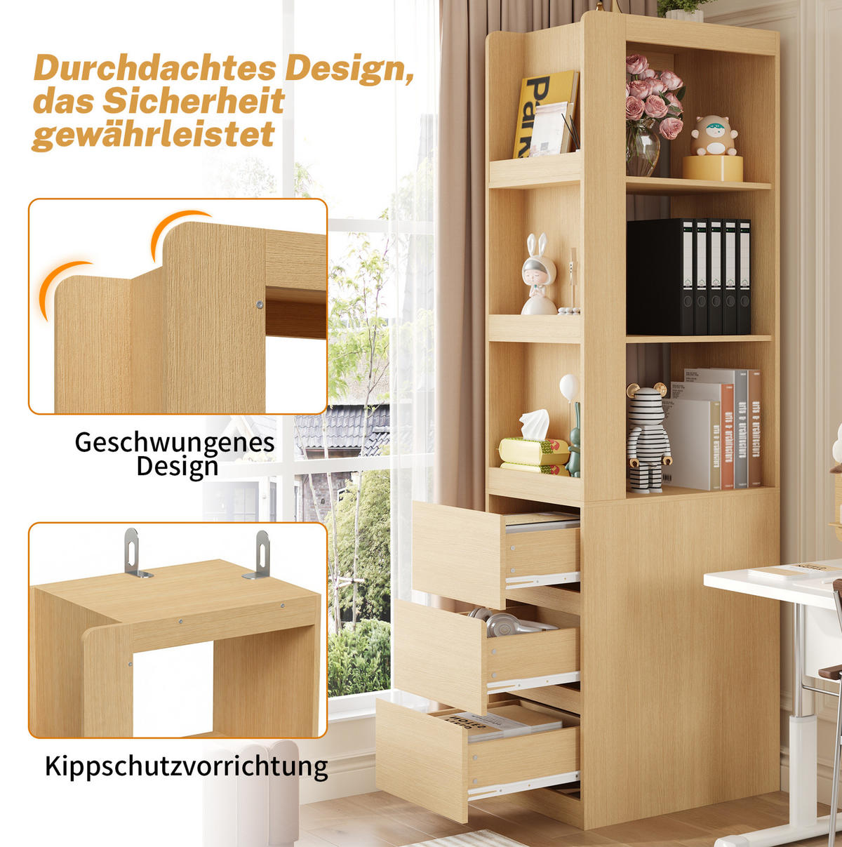 HIGHBOARD 60/40/200 cm in Eiche mit 3 offenen Fächern und 3 Schubladen - Eichefarben, Holzwerkstoff (60/200/40cm) - Flora Grace