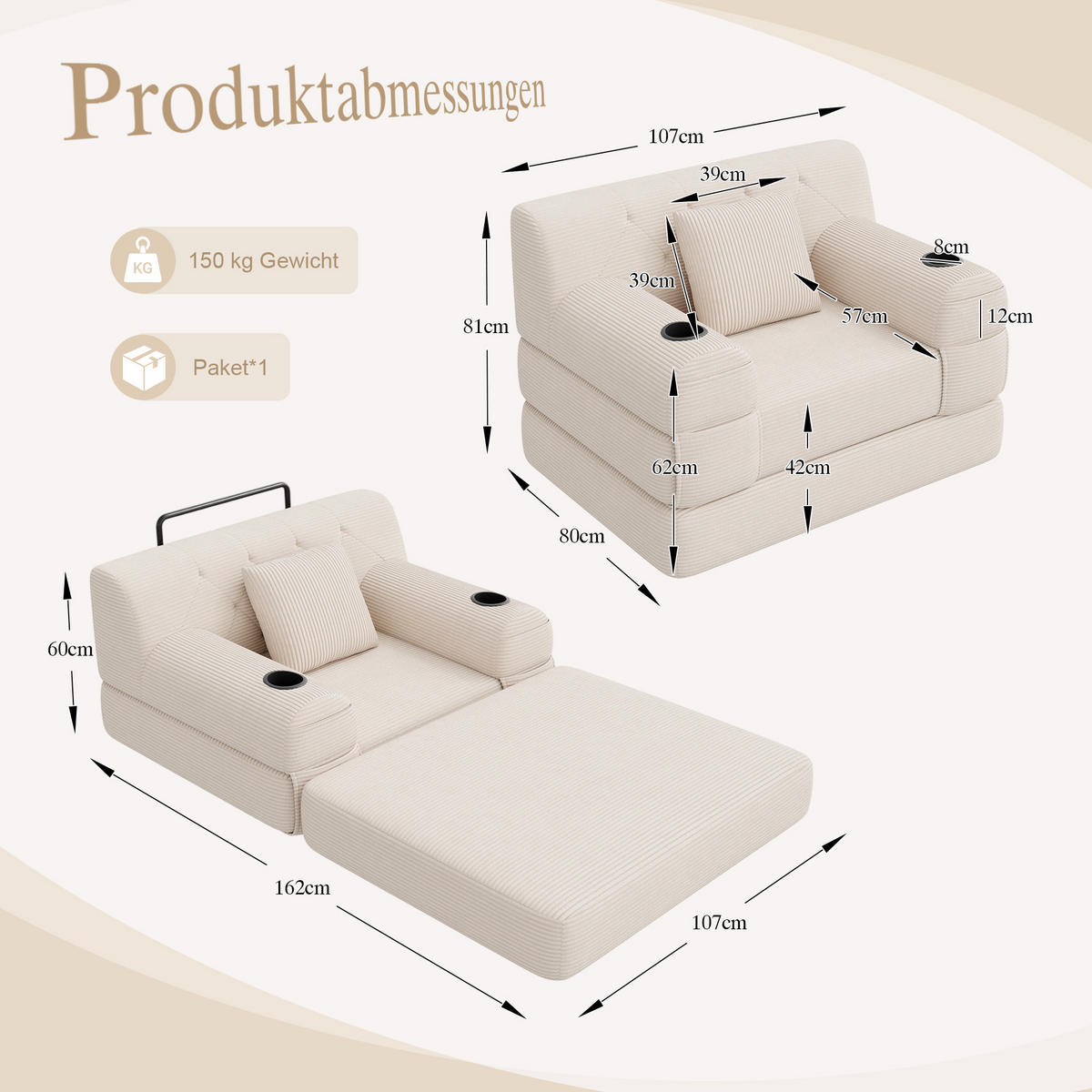 SCHLAFSESSEL Cord komprimiert, DE-42543, Beige - Beige, Metall (107/81/80cm) - ComfortXL