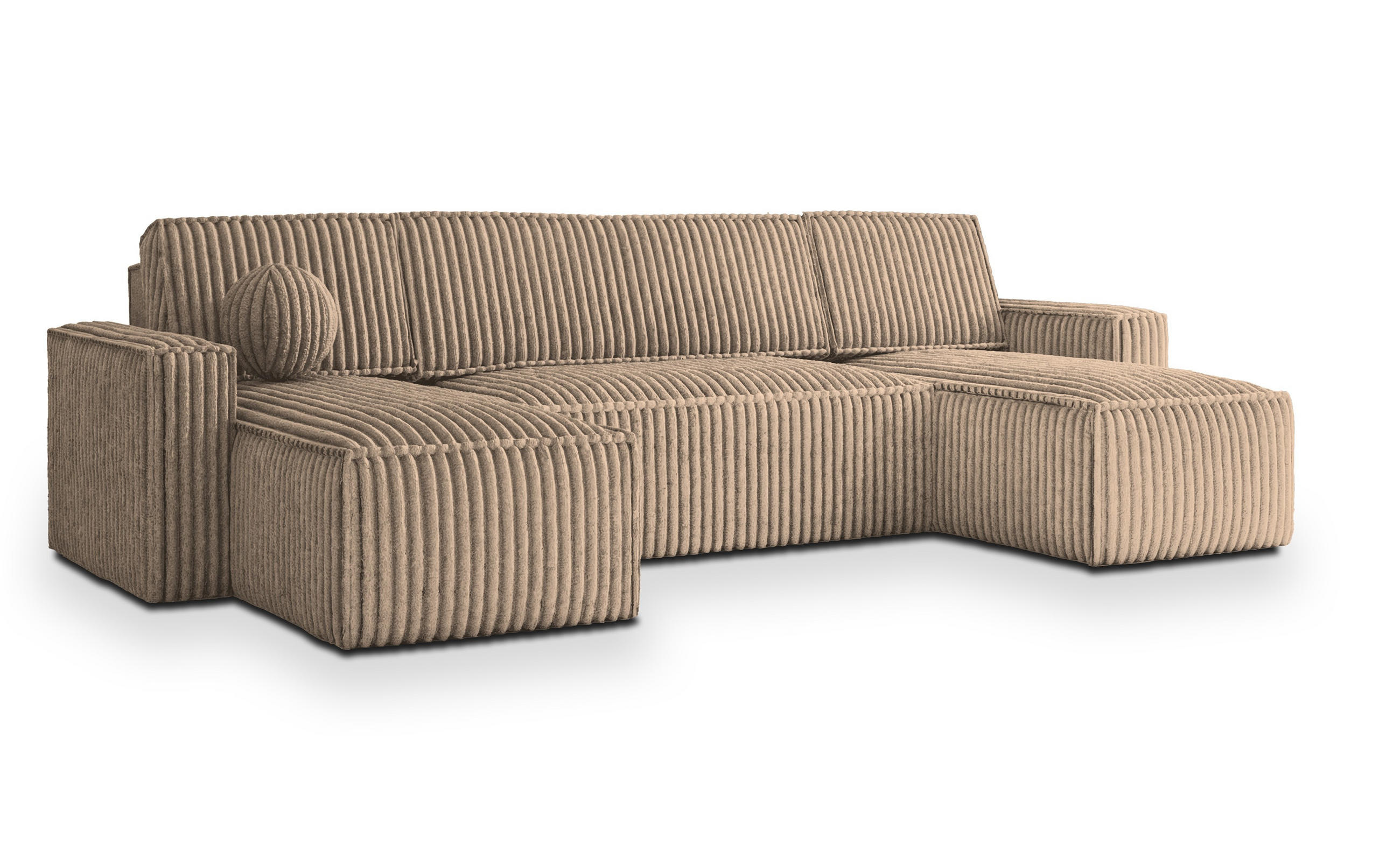 WOHNLANDSCHAFT PESANO T Beige Kordstoff mit Schlaffunktion - Beige, Holz (306/85/140cm) - MASSENO