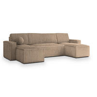 WOHNLANDSCHAFT PESANO T Beige Kordstoff mit Schlaffunktion - Beige, Holz (306/85/140cm) - MASSENO