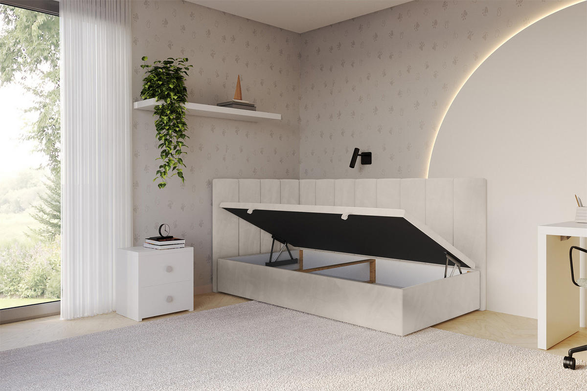 EINZELBETT Jugendbett mit Bettkasten Rechts, mit Matratze - LOVY 90x200 Beige - Beige, Holzwerkstoff/Textil (90/200cm) - ALTDECOR