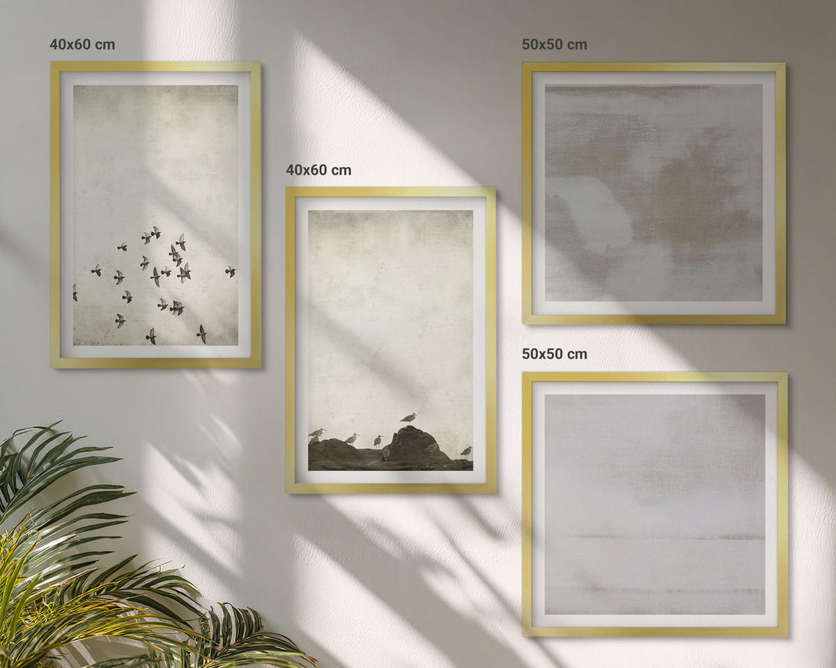 WANDBILDER 4er Set - 50x50 cm & 40x60 cm Goldrahmen - Minimalistische Vögel im Flug - Goldfarben, Kunststoff (50/50cm) - ArtPrintCave