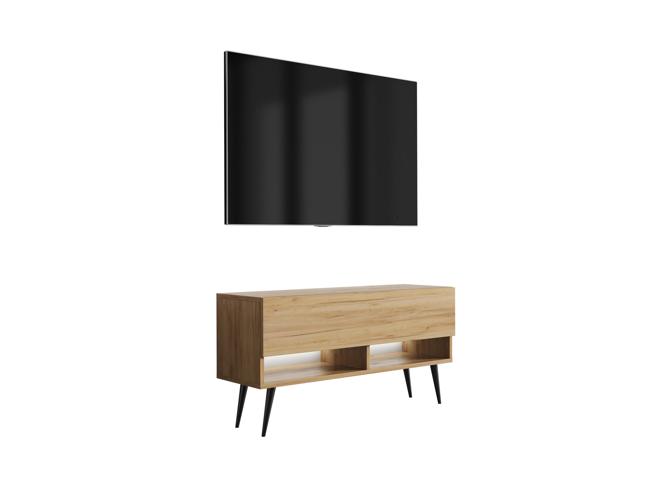TV-LOWBOARD 100 cm Eiche Craft, schwarze schräge Beine, weiße LED, 100 × 32 × 52 cm - Braun, Holzwerkstoff (100/52/32cm) - 3XE LIVING