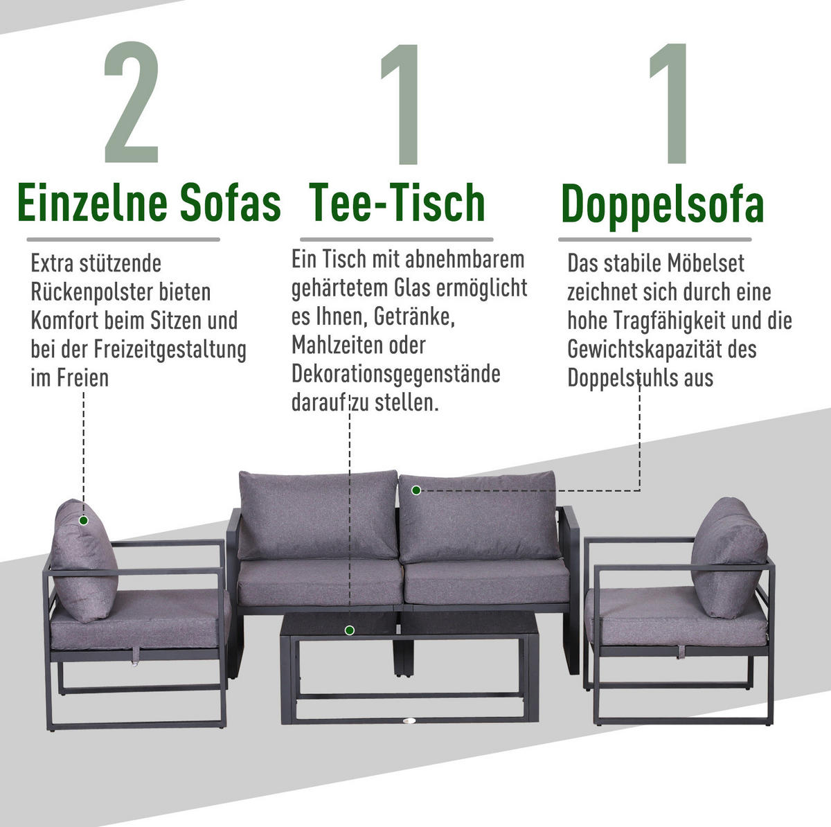 GARTENMÖBEL-SET 138/69/63 cm kombinierbar mit Sitzkissen und Tisch mit ESG-Glasplatte, Grau - Grau, Metall - Redom