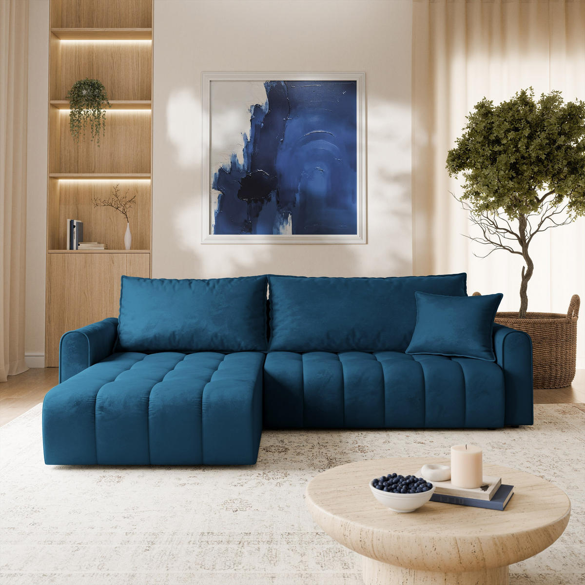ECKSOFA FRIGA Blau Velours-Stoff mit Schlaffunktion - Blau, Holz (283/185cm) - MASSENO