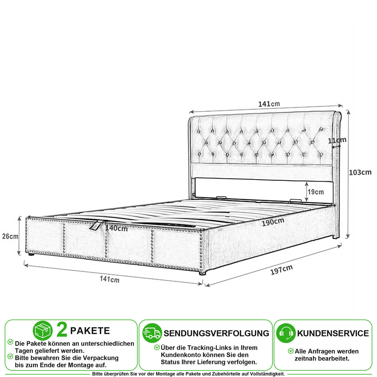 POLSTERBETT 140/190 cm in Grau mit Bettkasten, Lattenrost, Leinen - Hellgrau, Holzwerkstoff/Textil (140/190cm) - CHICFURN
