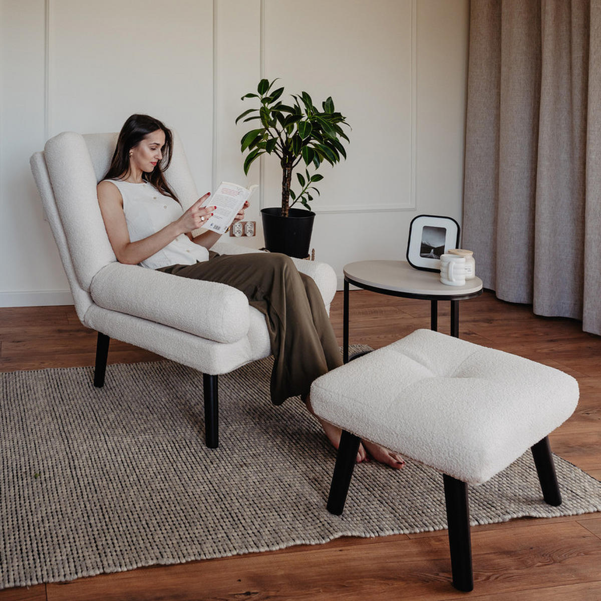 RELAXSESSEL LILA mit hocker, 75/75/100 cm, Creme - Creme, Holz/Textil (75/100/75cm) - Idohome