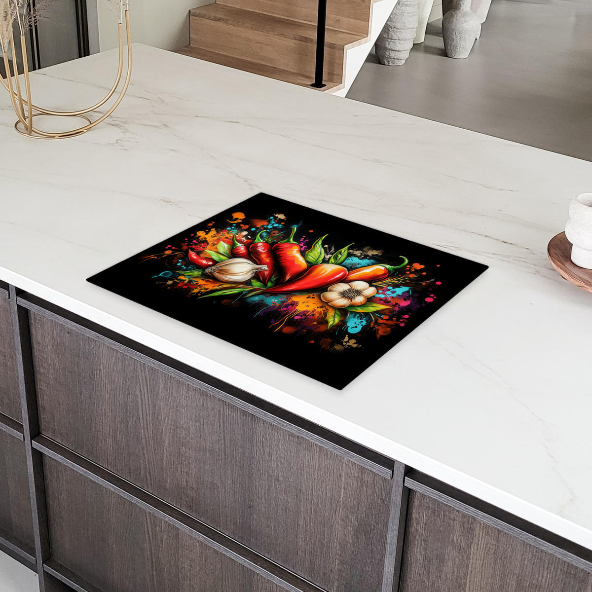 HERDABDECKPLATTE Gemüse - Paprika - Knoblauch - Graffiti - Farbe - Bunt Herdabdeckung Induktionsfeld 65x52 cm - Rot, Kunststoff (65/52/0.2cm) - MuchoWow