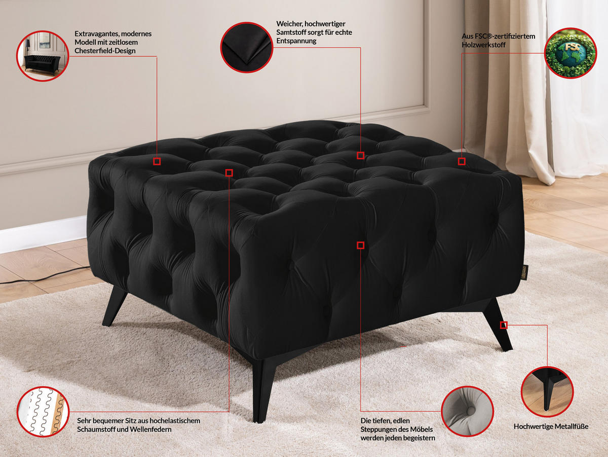 HOCKER Chesterfield Whitby Schwarz Samt mit schwarzen Füßen - Schwarz, Holz/Textil (80/45/80cm) - S-Style Möbel