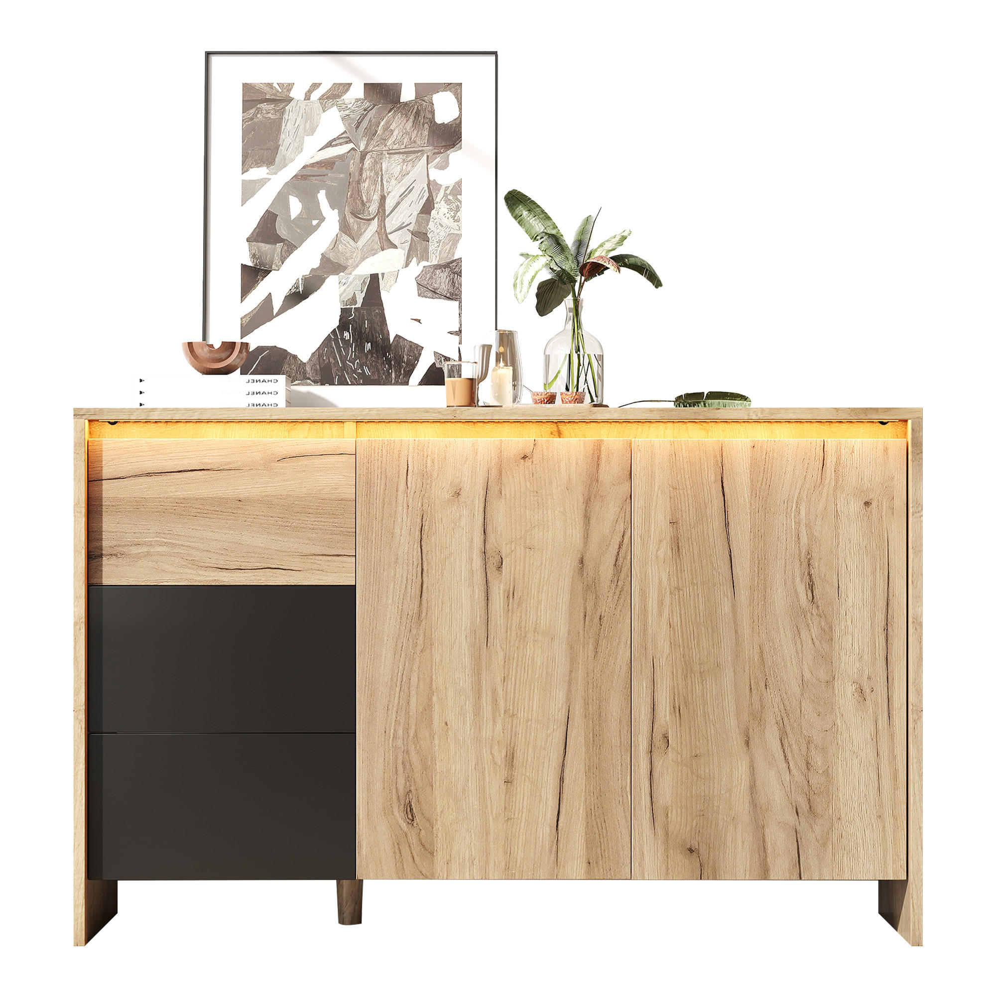 SIDEBOARD 120x40x76 cm mit LED, 2 Türen und 3 Schubladen - Schwarz, Holzwerkstoff (120/76/40cm)