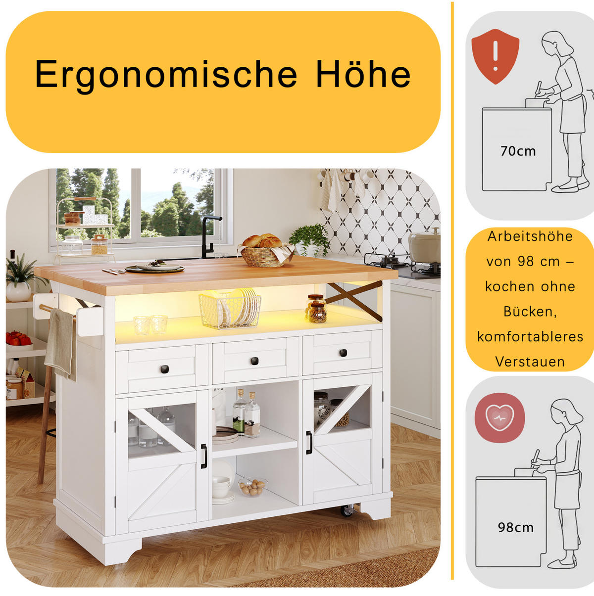 KÜCHENWAGEN 120/71/98 cm in Weiß mit Klapptisch und LED-Beleuchtung - Weiß, Holzwerkstoff (120/98/43cm) - Flora Grace