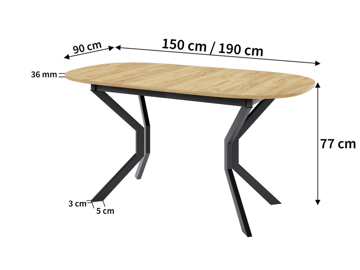 ESSTISCH VITO M Ausziehbar 150 - 190 / 80 x 77 cm - Schwarz/Grau, Holz (150/80/77cm) - MASSENO