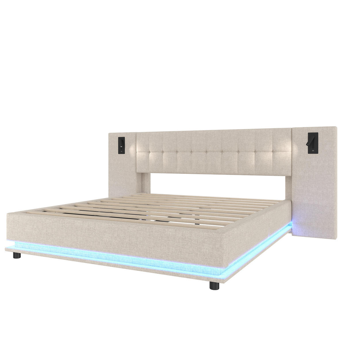 ČALÚNENÁ posteľ z ľanu a MDF 180x200 cm béžová s LED osvetlením, USB portom, čítacím bodom a bez matraca - béžová, textil (180/200cm) - Modfu