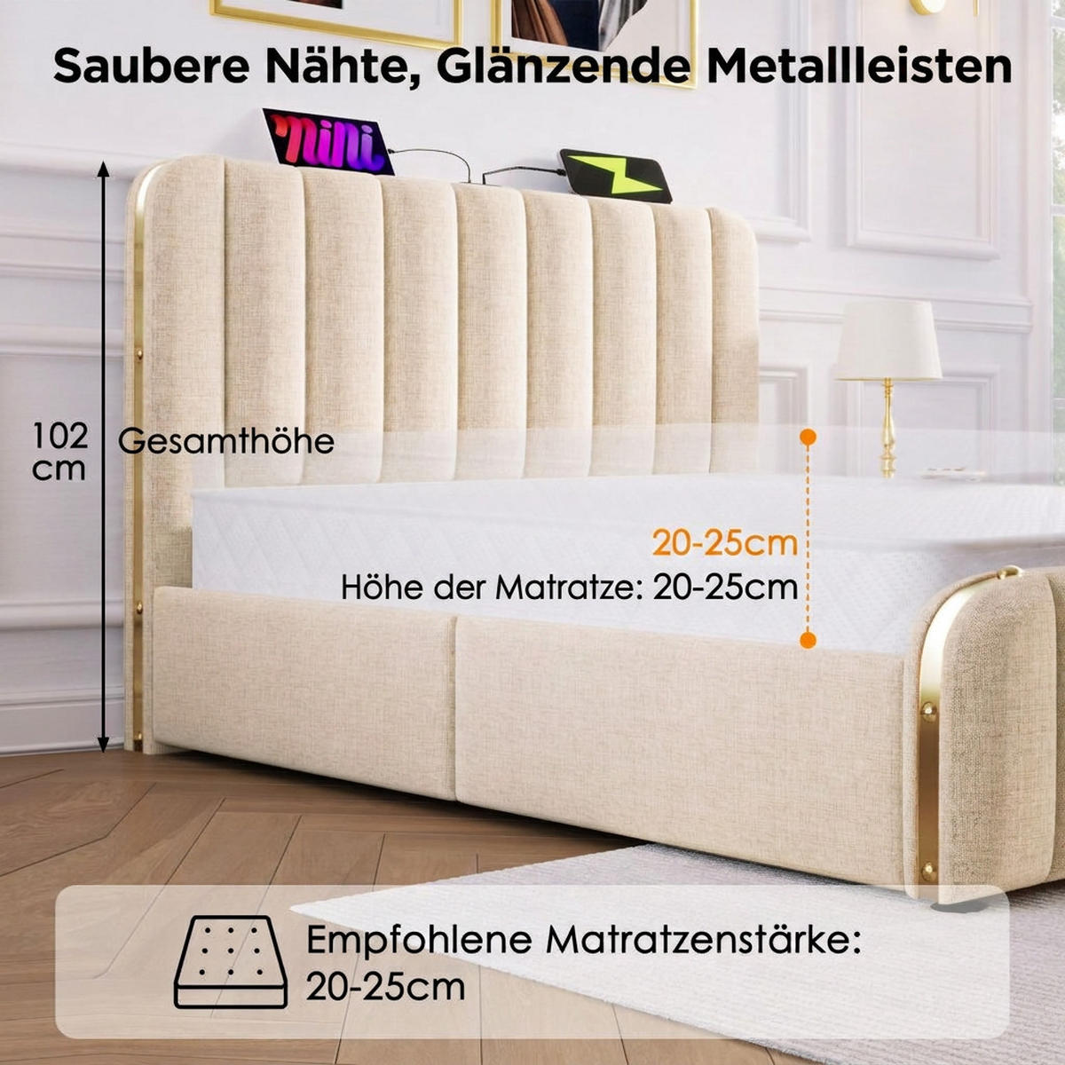 POLSTERBETT 180/200 cm Beige mit 4 Schubladen und USB Typ-C Ladefunktion - Beige, Textil (180/200cm) - Oxeza