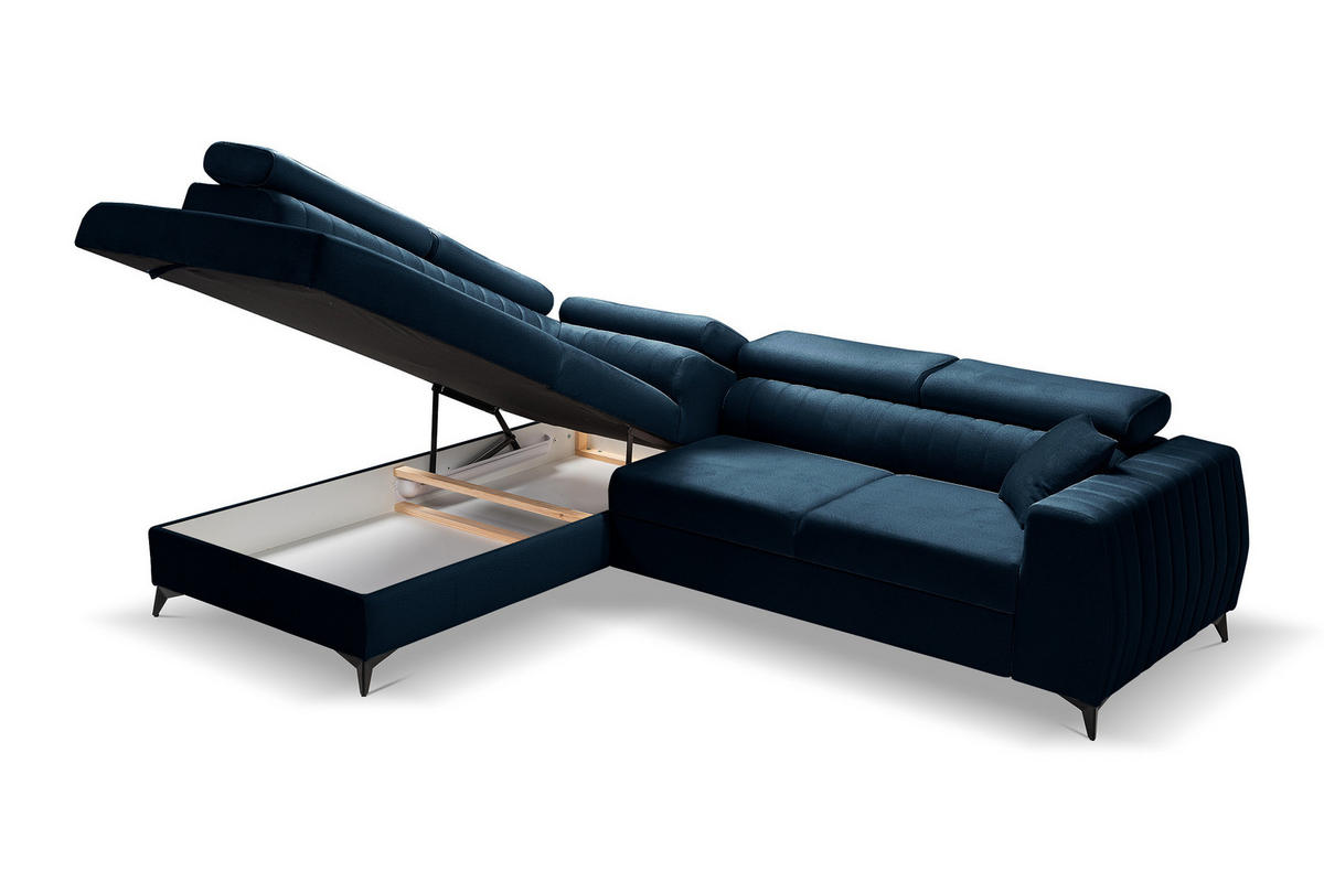 ECKSOFA PIERO L Links mit Schlaffunktion 195x125 Velours Dunkelblau - Schwarz/Dunkelblau, Holz/Textil (268/203cm) - Muffo