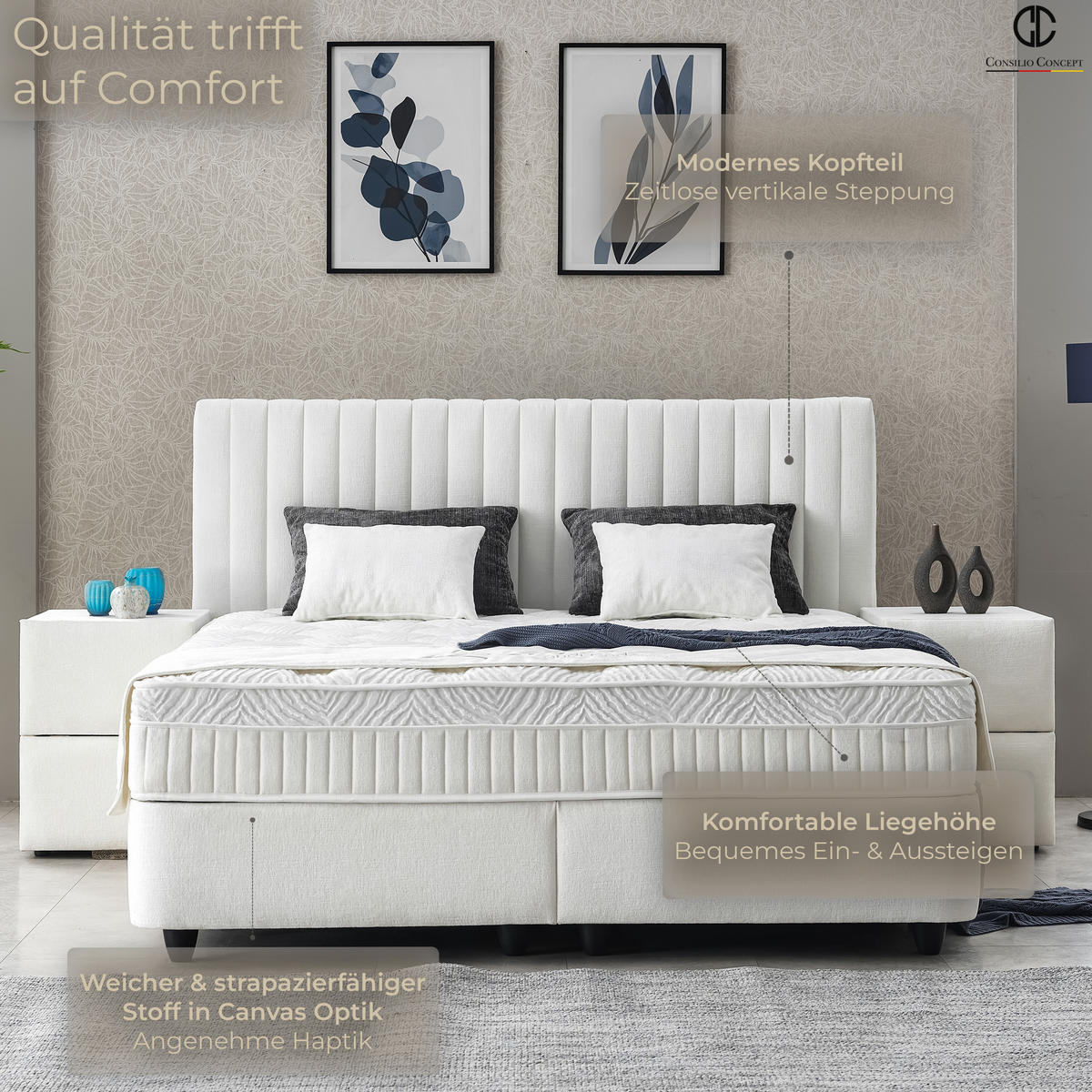 BOXSPRINGBETT MIT BETTKASTEN LYON 90/200 cm, Ivory, Bettkasten, Matratze, Topper integriert, H3 mittel - Creme/Schwarz, Holz/Kunststoff (90/200cm) - Consilio Concept