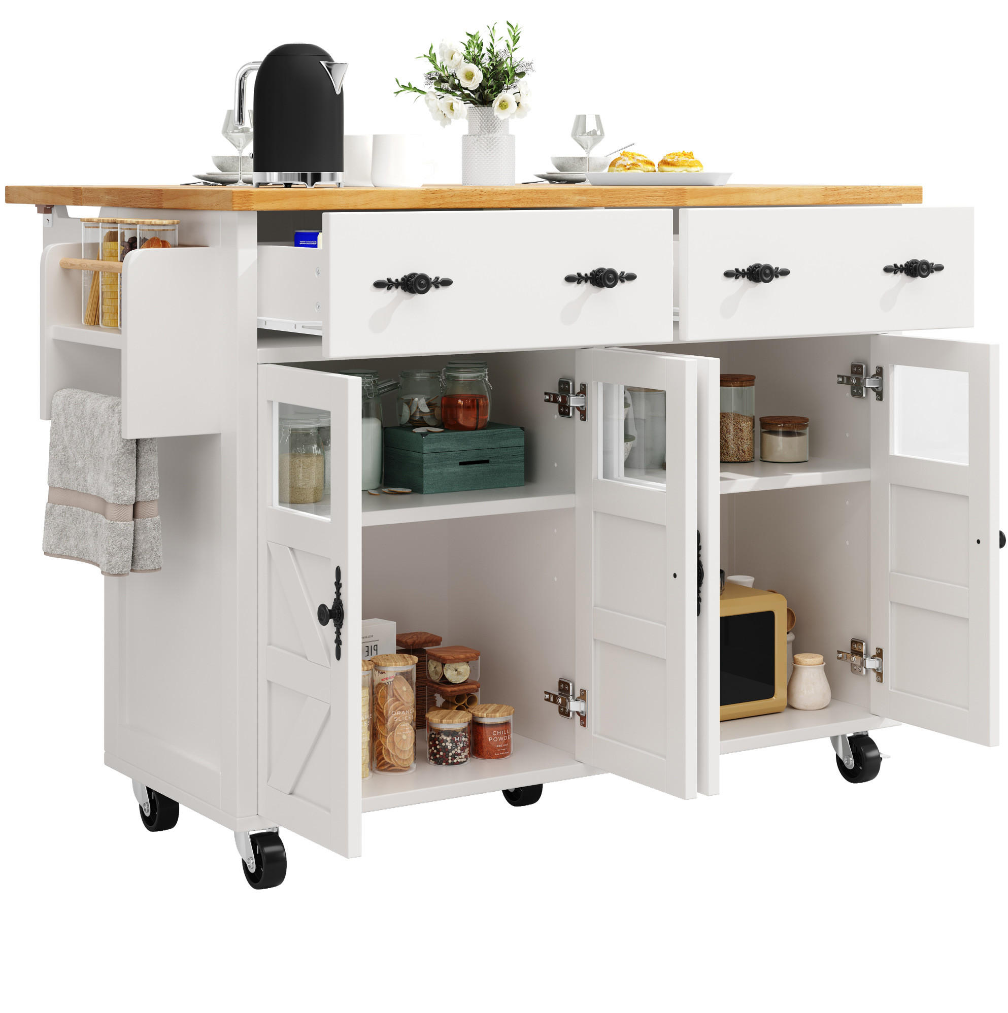 KÜCHENWAGEN aus MDF mit Ausziehplatte & Glastüren, 140/45/73/93,5 cm, Weiß - Weiß, Holzwerkstoff (140/93.5/45cm) - Redom
