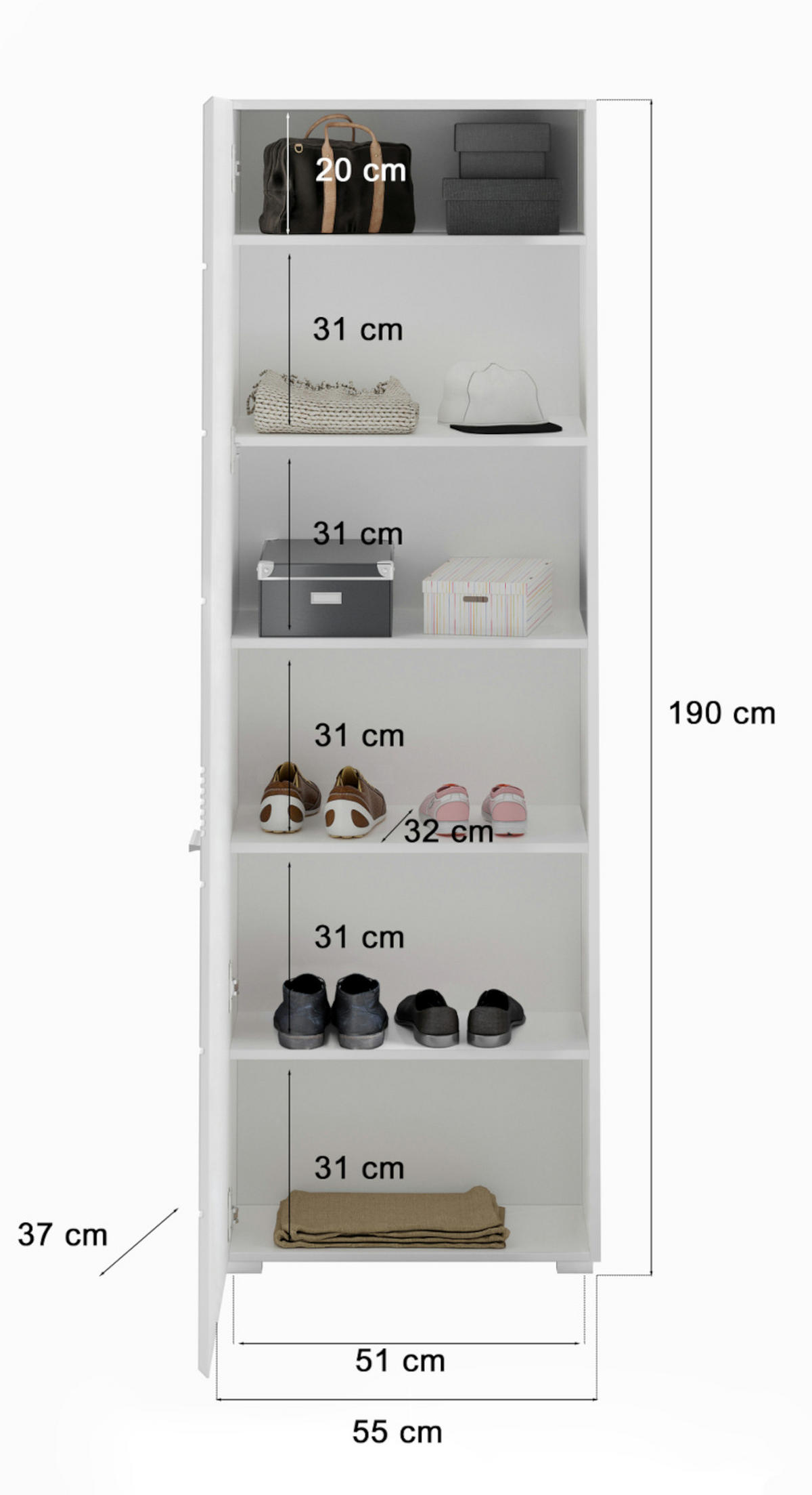 SCHUHSCHRANK weiß Hochglanz 55 cm, Garderobenschrank mit 6 Fächern - Weiß Hochglanz/Silberfarben, Holzwerkstoff/Kunststoff (55/190/37cm) - Inn.Furn