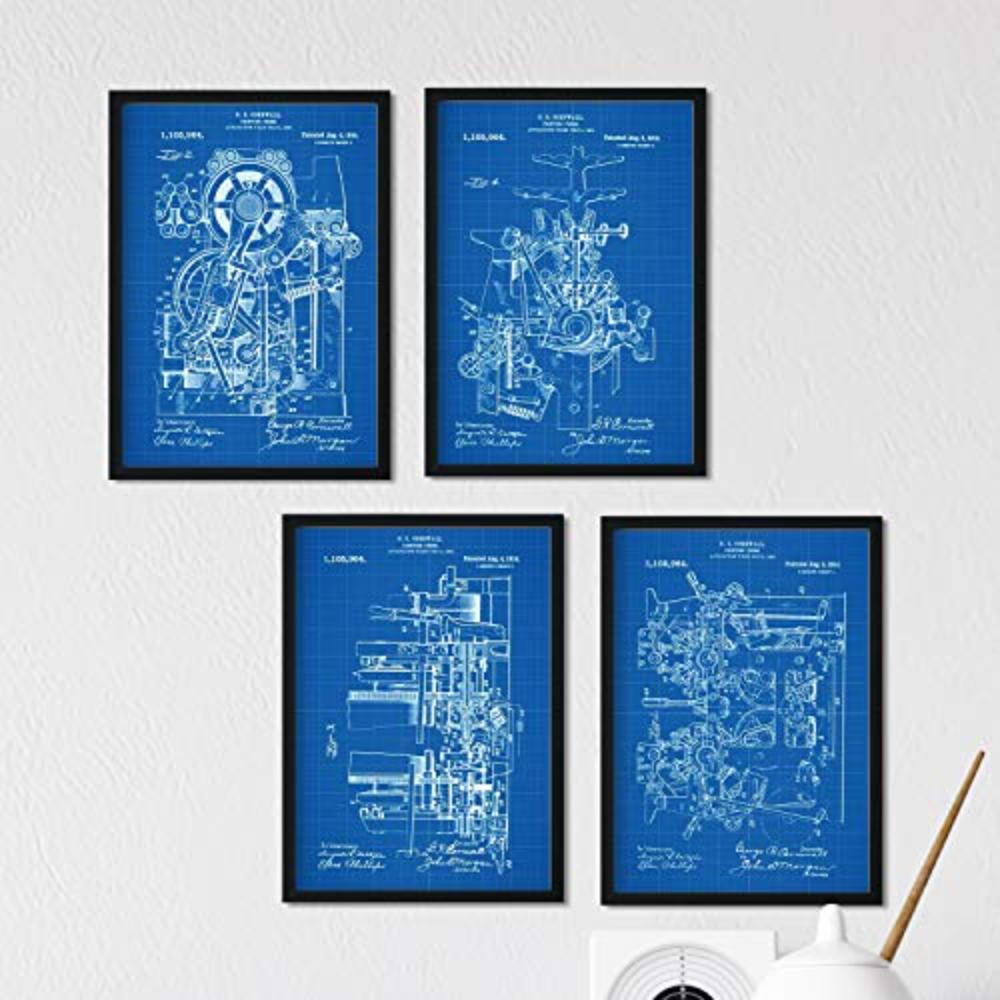 POSTER Set mit 4 Blau Druckerei Patent A4 Rahmenlos - Klar, Papier (29.7/3cm) - Nacnic