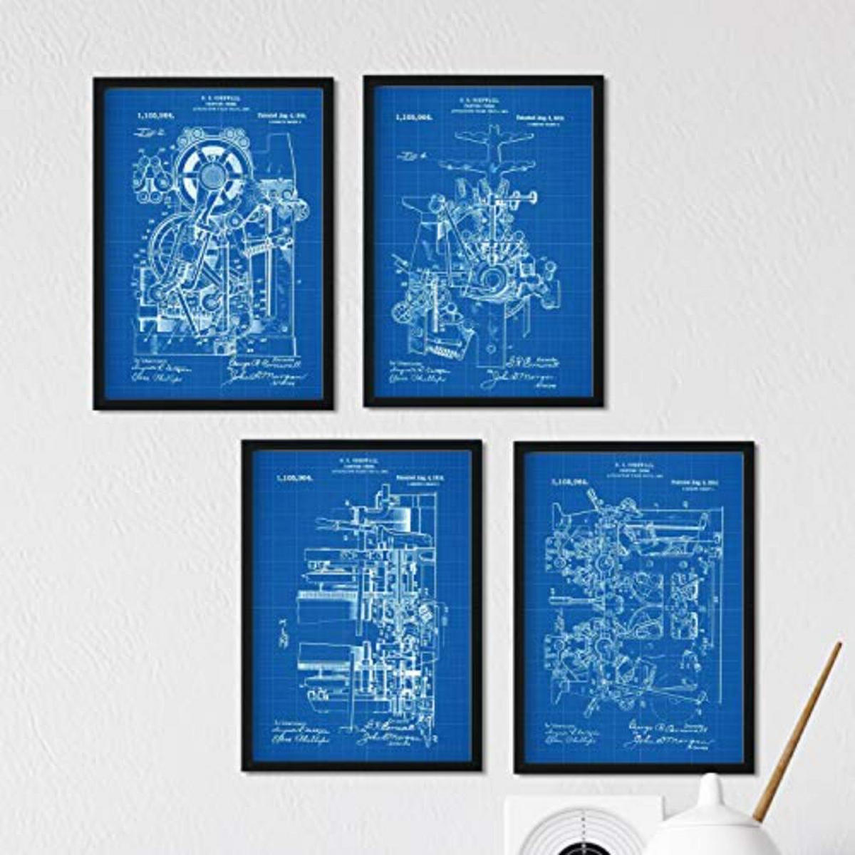 POSTER Set mit 4 Blau Druckerei Patent A4 Rahmenlos - Klar, Papier (29.7/3cm) - Nacnic