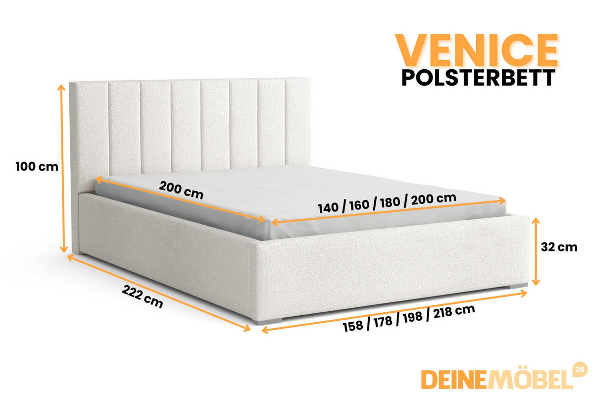 POLSTERBETT VENICE 160/200 in Boucle Weiß - Weiß, Holz/Holzwerkstoff (160/200cm) - Deine Möbel 24