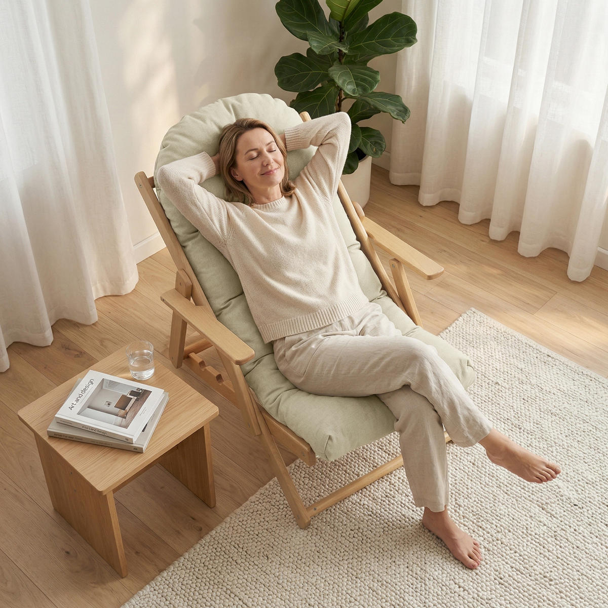 GARTENKLAPPSESSEL DE-13360 3-fach verstellbar & dickes Polster - Creme, Holz (89/96/71cm) - ComfortXL