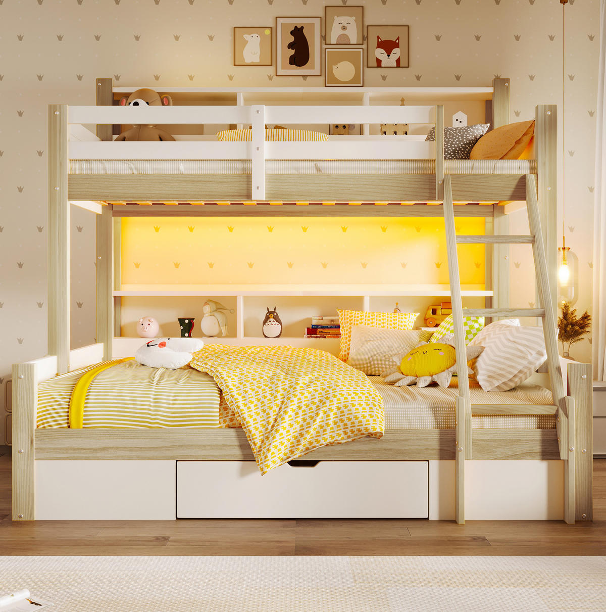 ETAGENBETT aus Kiefer 90x200/140x200 cm Weiß/Natur mit LED-Lichtleiste, offener Stauraumlösung, Schublade und variabler Leiter - Weiß, Holzwerkstoff (90/200cm) - Modfu