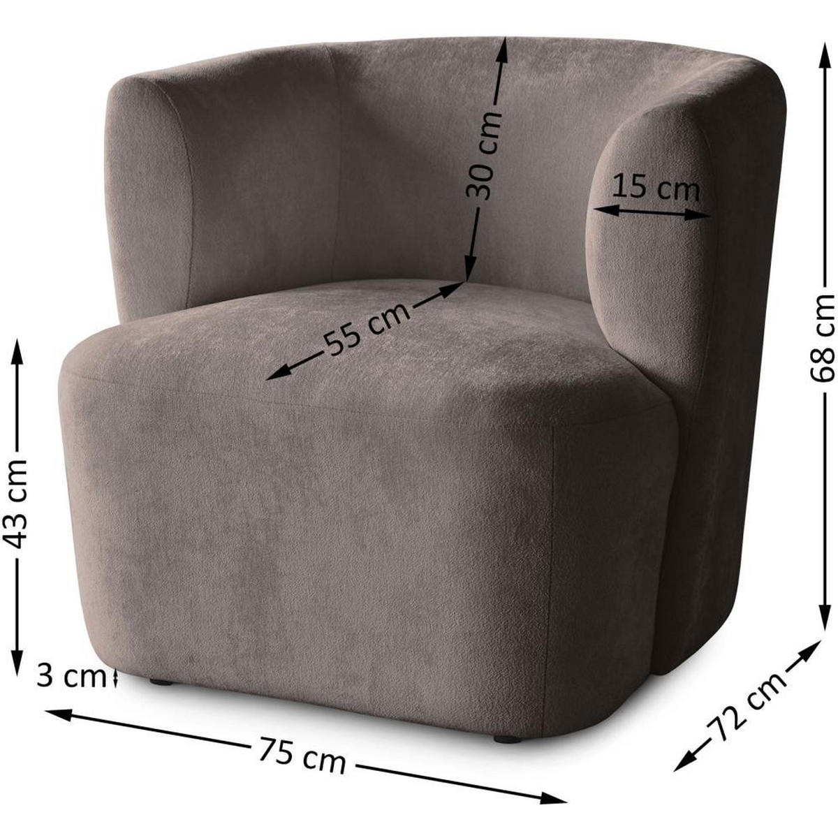 SESSEL Nori braun velour - Schwarz/Braun, Kunststoff/Textil (75/68/72cm) - Beautysofa