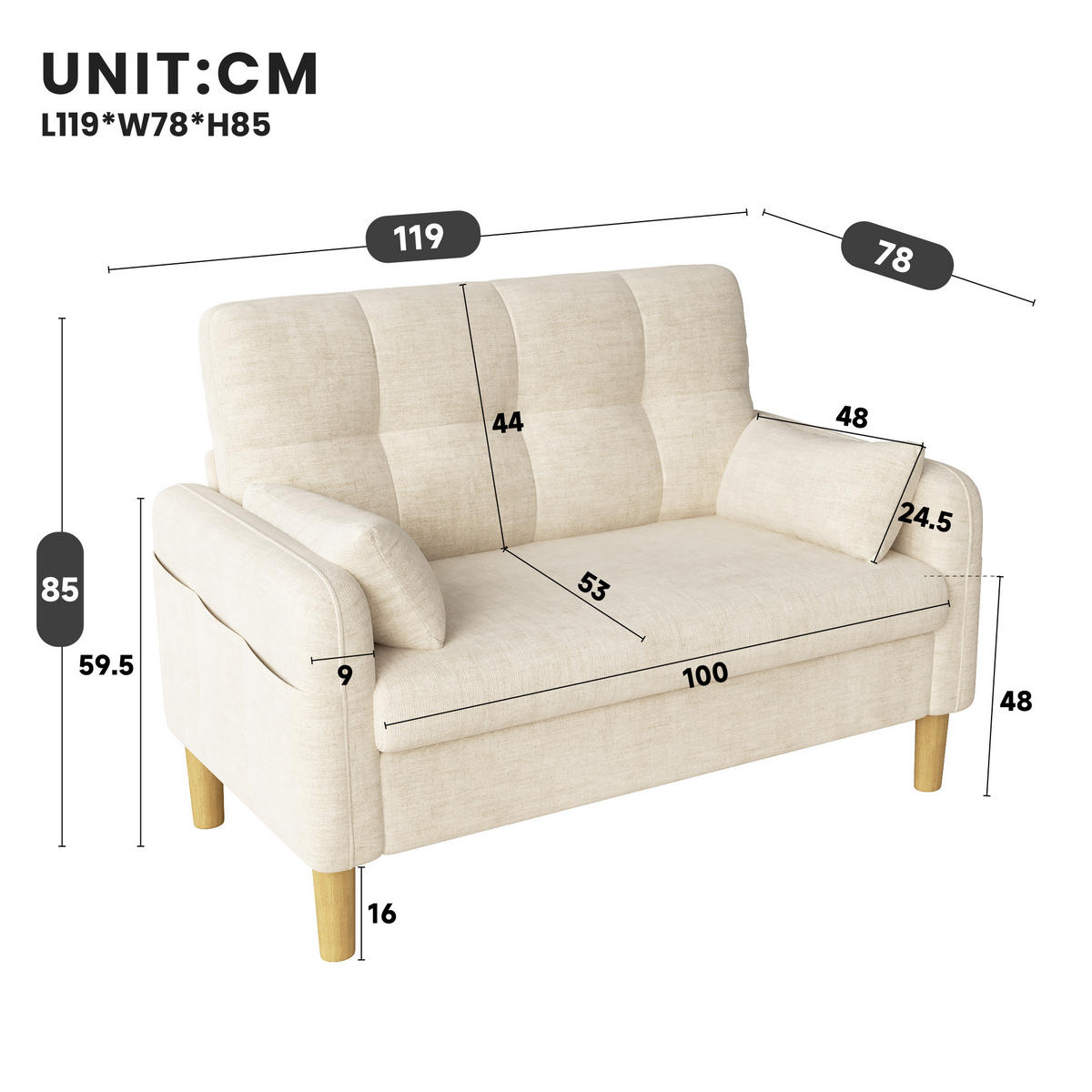 2-SITZER-SOFA DE-33242 mit weichen Polstern und Seitentasche Beige - Beige, Holzwerkstoff (119/85/78cm) - ComfortXL