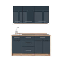 SAMOSTATNÁ KUCHYŇA Fame-Line, Tmavo modrá vysoký lesk/Dub Goldkraft, 150 cm, AP Oak - tmavomodrá/dub medový, kompozitné drevo (150/82/60cm) - Vicco