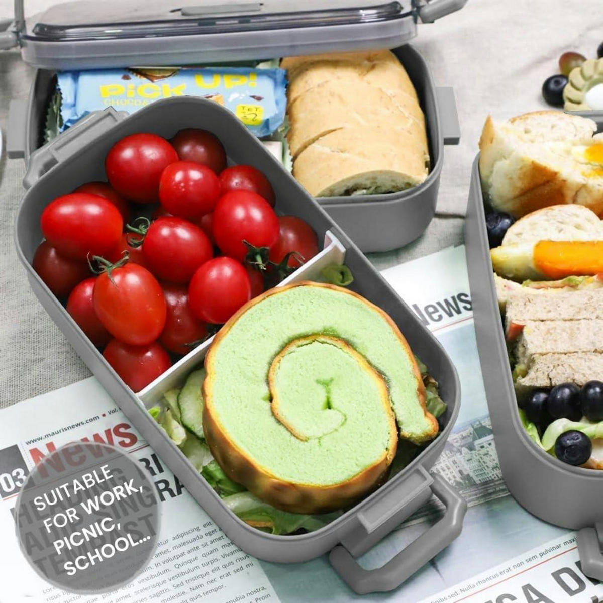 BENTO Box 2400 ml Grau Auslaufsicher mit Besteck - Grau, Kunststoff (19.5/16/19.5cm)