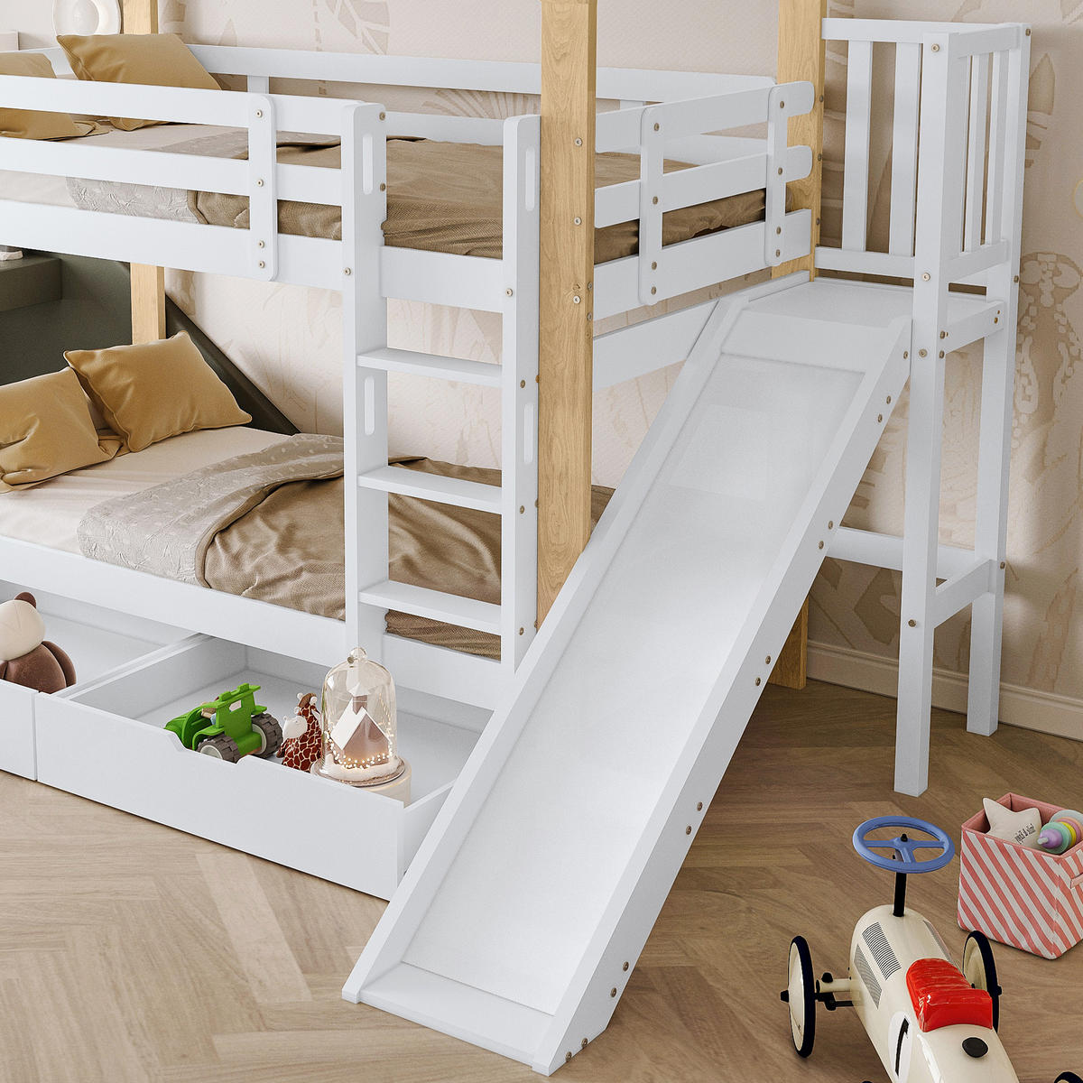HAUSBETT 90/200 cm mit Rutsche und Schubladen in Weiß/Natur - Weiß, Holz (90/200cm) - BEAOK