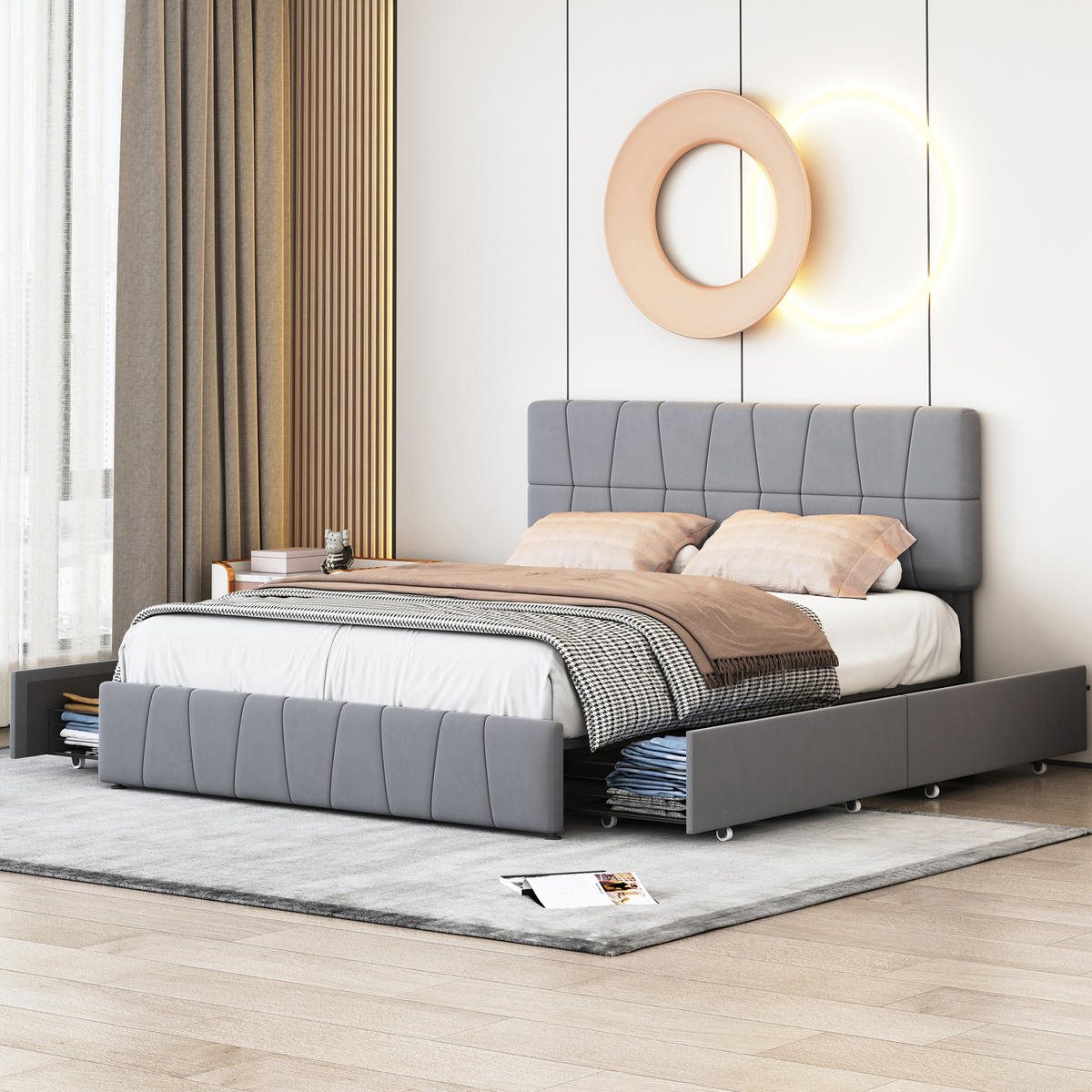 POLSTERBETT 180x200 cm, Grau, mit 4 Schubladen - Grau, Textil/Metall (180/200cm)