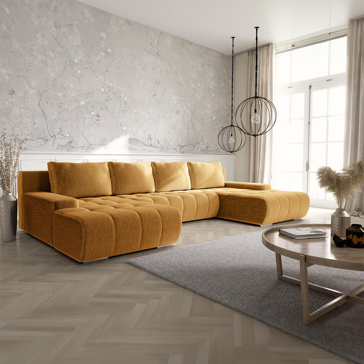 PANORAMASOFA Jonas 5 Sitzplätze Gelb - Gelb, Holz (350/85/185cm) - Petits-meubles