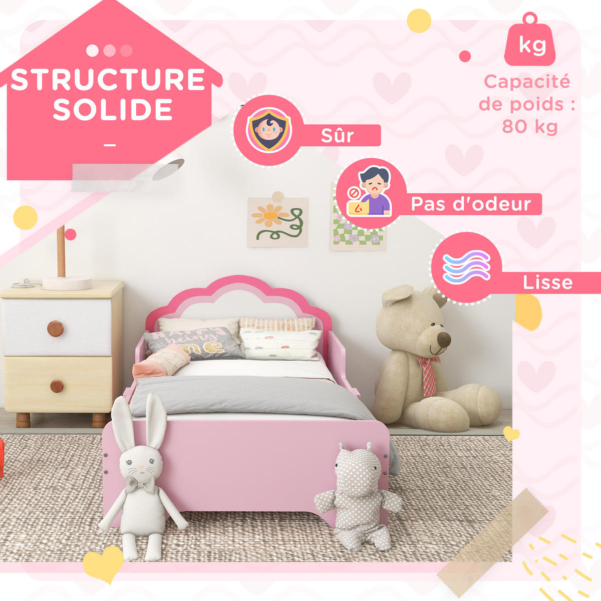 KINDERBETT 140x70 cm DE-14554 mit Wolken-Design, inkl. Lattenrost Rosa - Pink, Holzwerkstoff (70/140cm) - ComfortXL