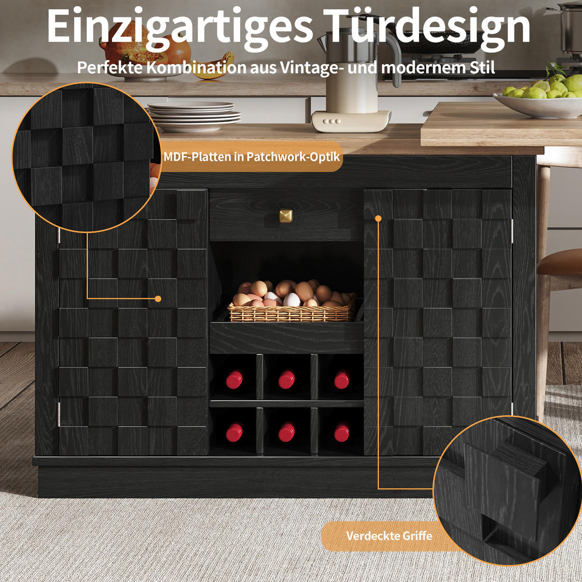 KÜCHENINSEL-ESSTISCH Schwarz 120–197×40×74,2 cm mit 360° drehbarer Platte, Patchwork-Türen und Weinregal aus Holzwerkstoff - Schwarz, Holzwerkstoff (120/74.2/40cm) - Luhomfu