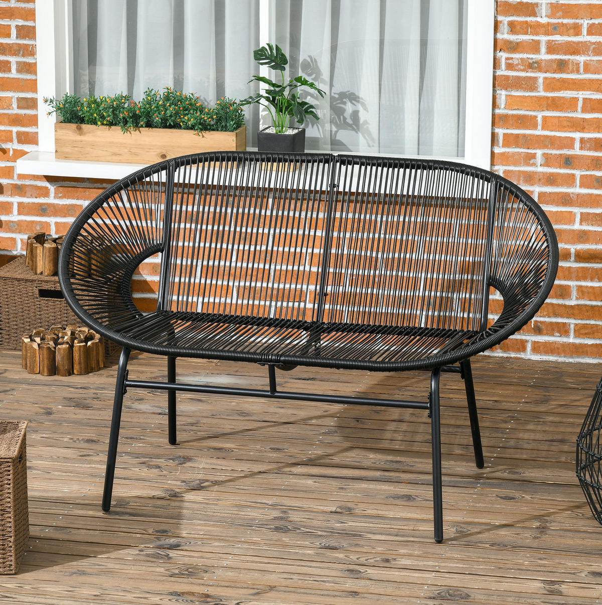 GARTENBANK aus PE-Rattan 132x72x83 cm Schwarz mit hoher Rückenlehne und Stahlrahmen - Schwarz, Kunststoff (132/83/72cm) - Modfu