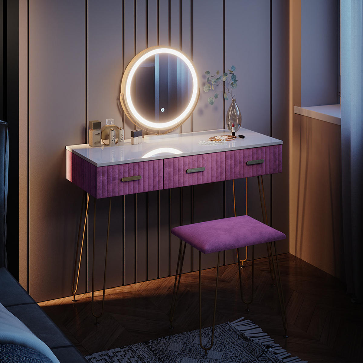 SCHMINKTISCH Layla Rosa 100 cm mit LED Beleuchtung und Hocker - Pink, Holzwerkstoff (100/79/40cm) - Vicco